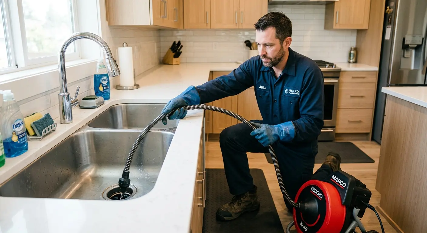 Drain cleaning technician using a motorized snake on a kitchen sink in New Cumberland