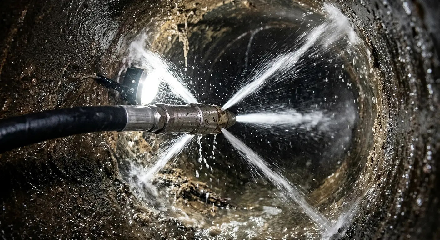 High-pressure hydro jetting nozzle cleaning sewer pipe for Emergency Drain Service in New Cumberland