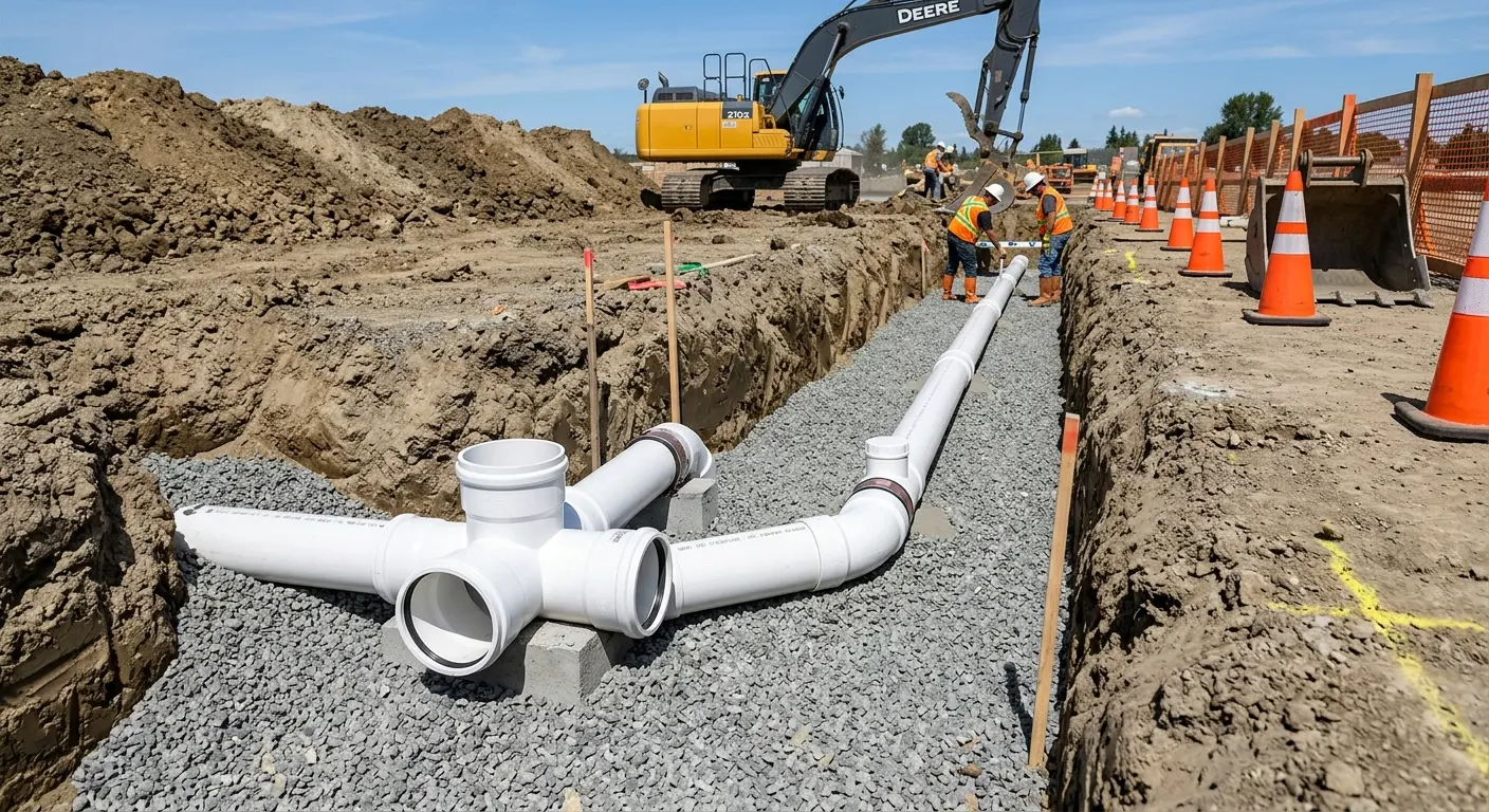 New PVC sewer pipe installation in open trench for Sewer Backup in New Cumberland