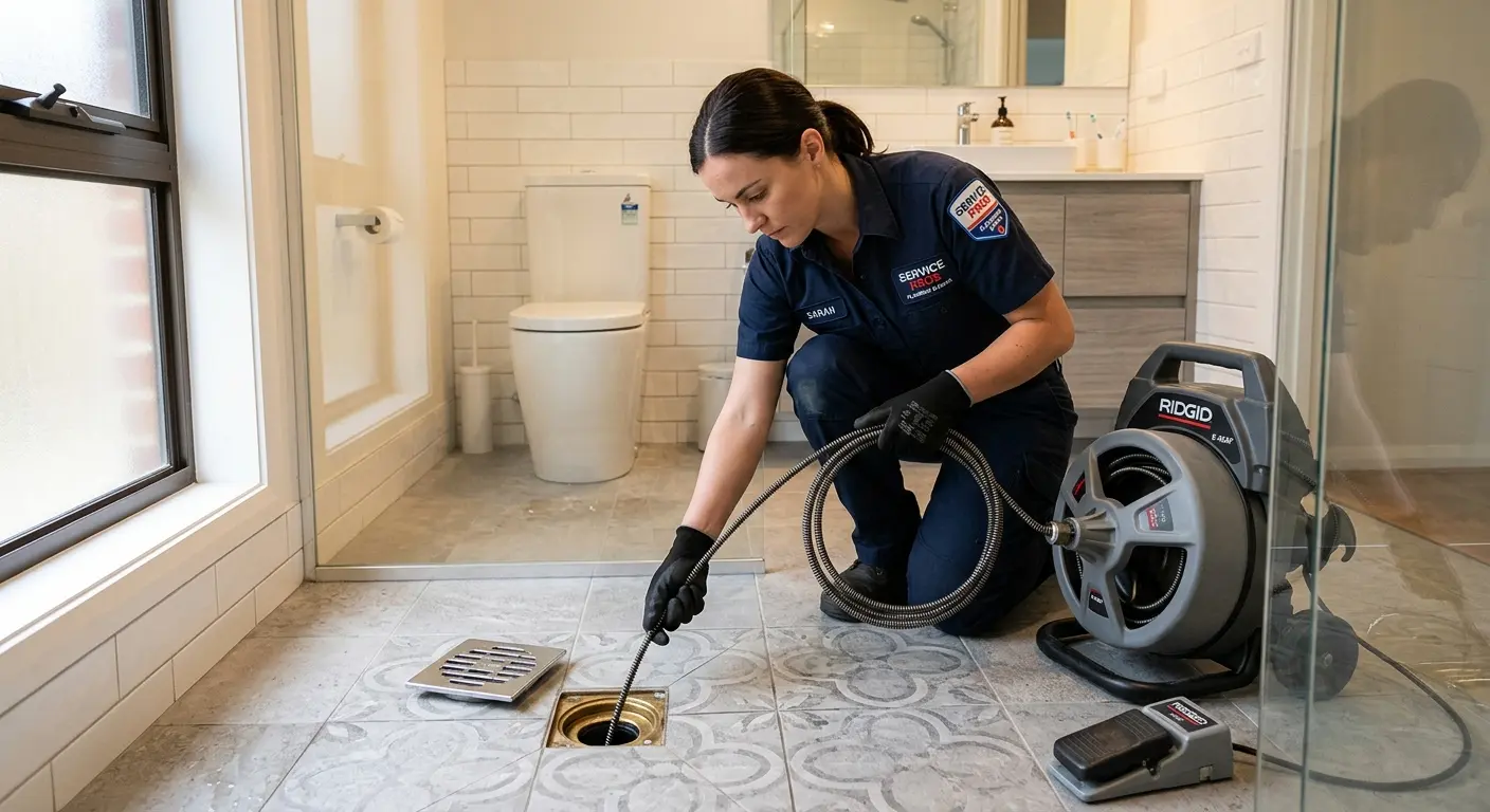 Technician clearing a bathroom floor drain for Drain Cleaning in New Cumberland
